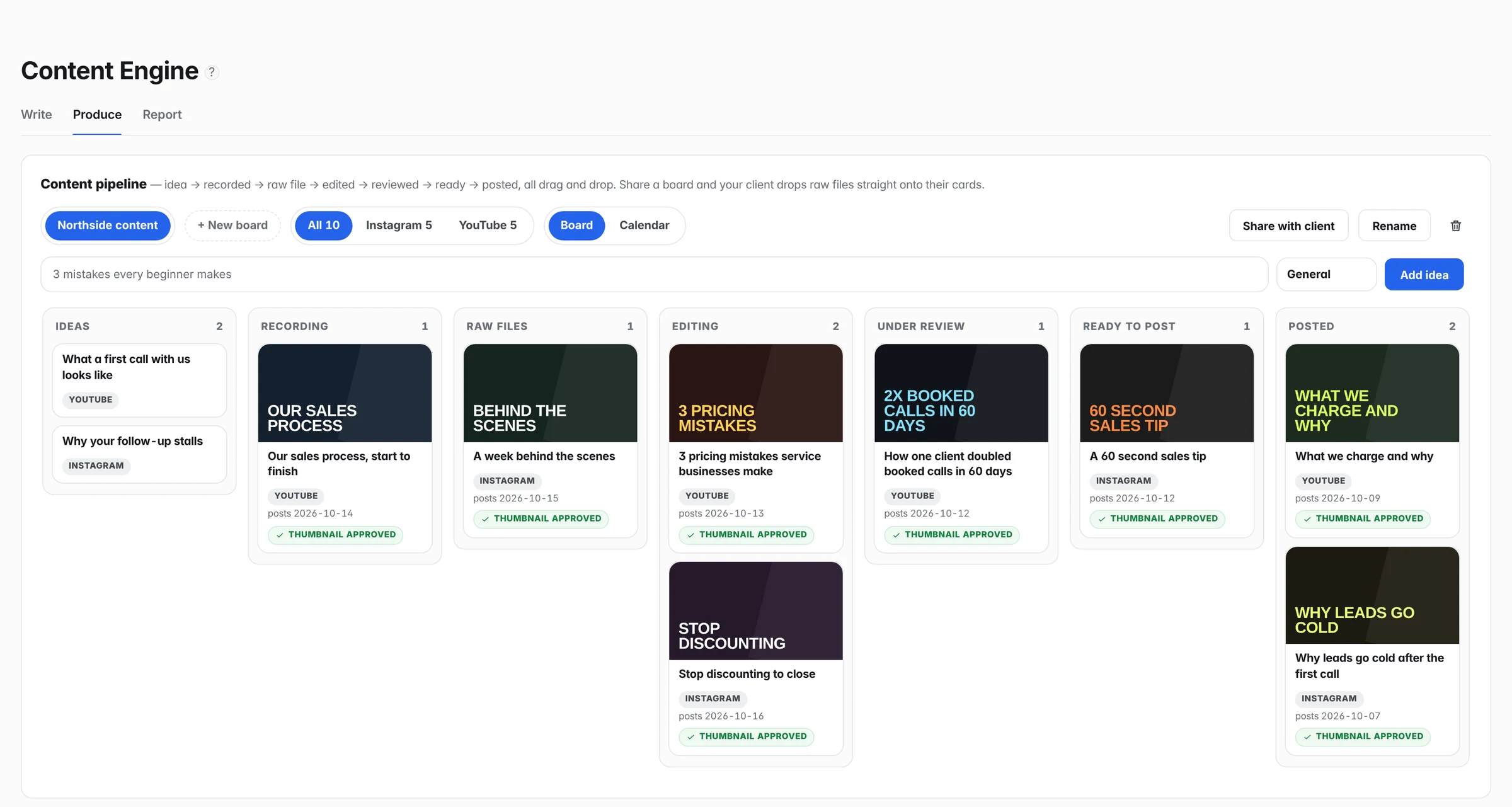 The content pipeline: video cards with thumbnails in columns from Ideas to Recording, Raw files, Editing, Under review and Ready to post.