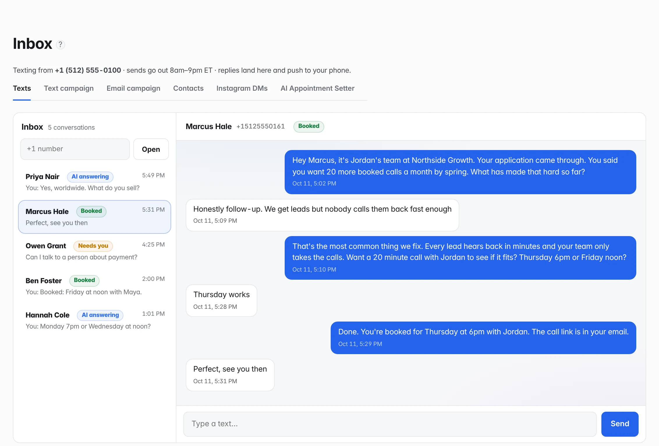 The Inbox: text conversations marked AI answering, Booked and Needs you, and a thread where the AI appointment setter books a call for Thursday at 6pm.