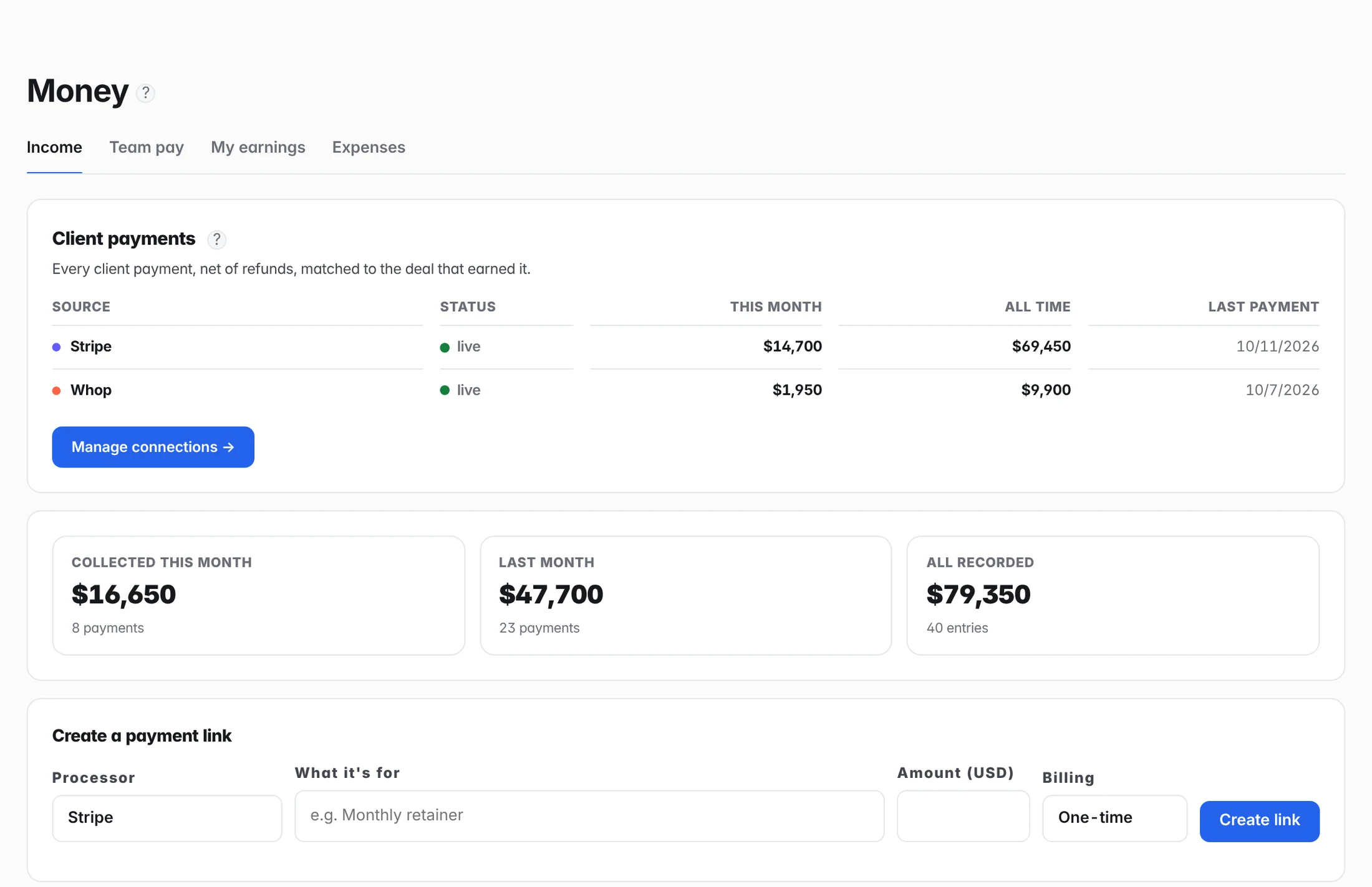 The Money page: client payments by source with this month and all-time totals, collected this month, last month, and a form to create a payment link.