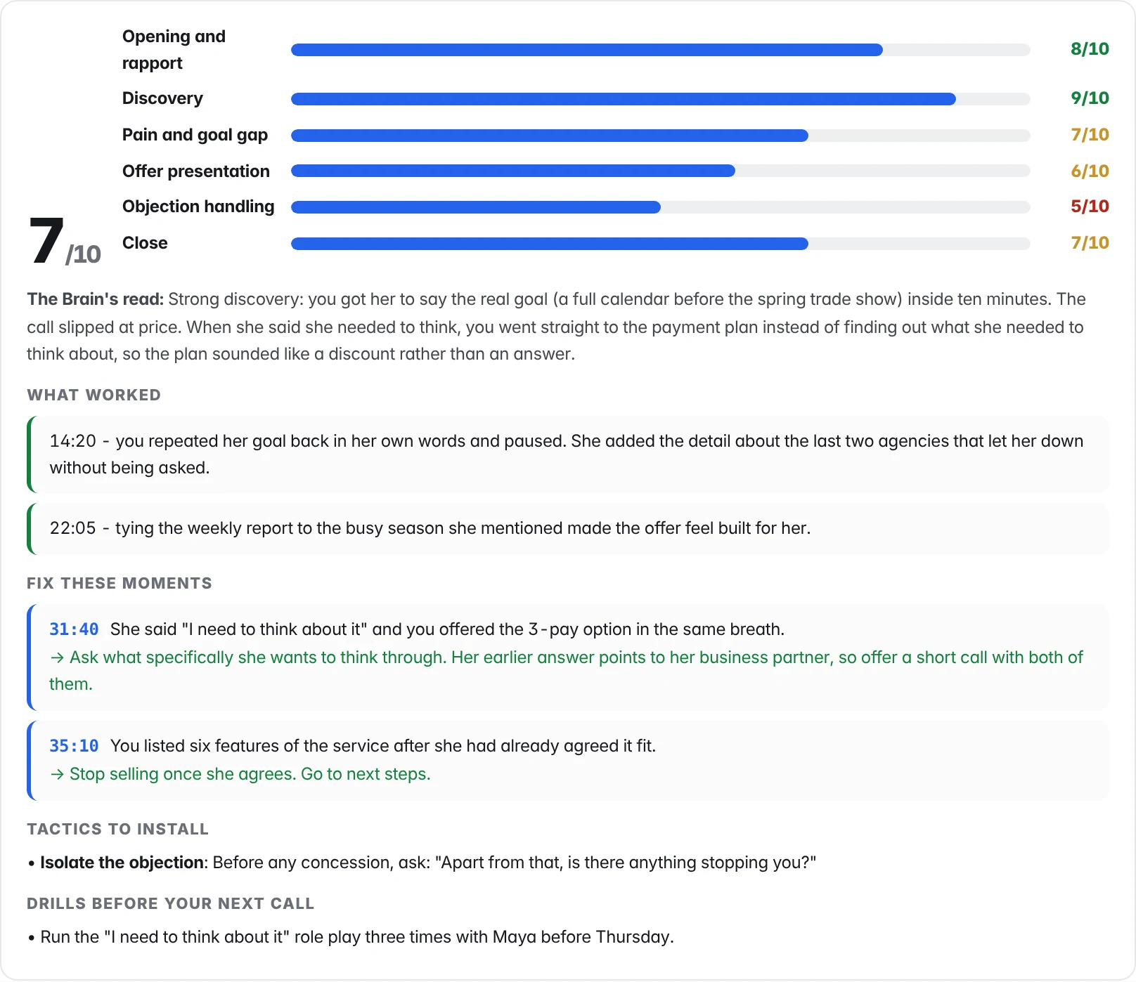 A graded sales call: 7 out of 10 overall, a score for each part of the call, what worked, two moments to fix with a better move for each, and a drill.